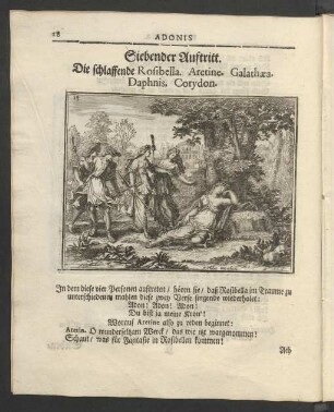 Siebender Auftritt. Die schlaffende Rosibella. Aretine. Galathaea. Daphnis. Corydon.