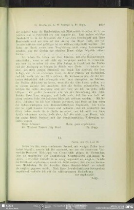 Franz Bopp an August Wilhelm von Schlegel, Berlin, 20.06.1826
