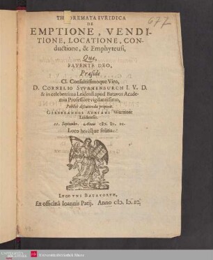 Theoremata Ivridica De Emptione, Venditione, Locatione, Conductione, & Emphyteusi