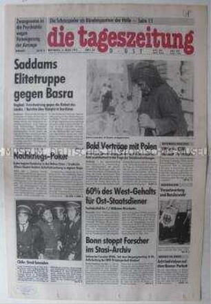 Fragment der Ost-Ausgabe der "tageszeitung" u.a. innenpolitische Kämpfe im Irak und zum Tarifabschluß für den Öffentlichen Dienst in den neuen Buundeslänedrn (60%)