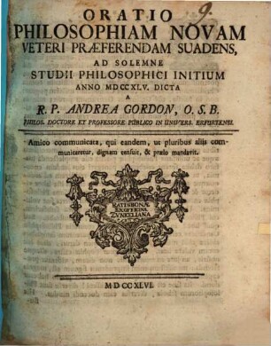 Oratio, philosophiam novam veteri praeferendam suadens