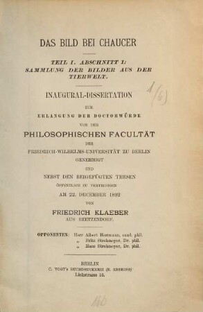 Das Bild bei Chaucer : Teil 1, Abschnitt 1: Sammlung der Bilder aus der Tierwelt