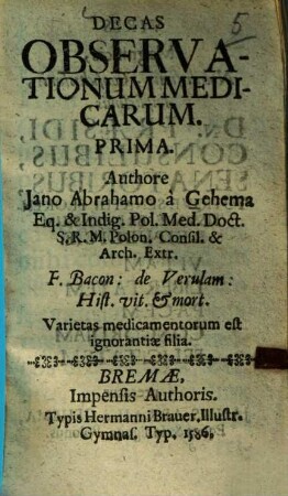 Decas Observationum Medicarum ..., 1