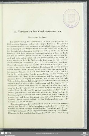 VI. Vorworte zu den Maschinenelementen.