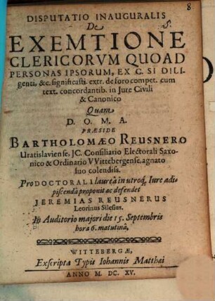 Disp. inaug. de exemtione clericorum quoad personas ipsorum