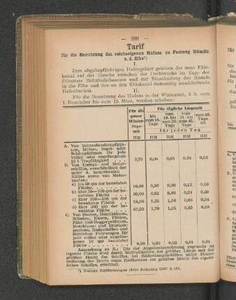 Tarif für die Benutzung des reichseigenen Hafens zu Festung Dömitz a.d. Elbe 1)