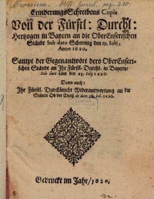 Erinderungs Schreibens Copia von Baiern an die Ober Enserische Ständt