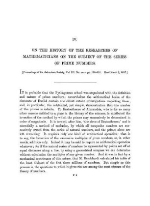 Paper IV. On the History of the Researches of Mathematicians on the subject of the series of Prime Numbers.
