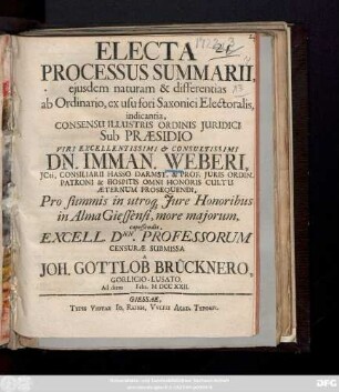 Electa Processus Summarii, ejusdem naturam & differentias ab Ordinario, ex usu fori Saxonici Electoralis, indicantia ...