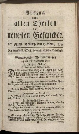 XV. Nachl. Coburg, den 15. April, 1758.