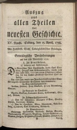 XV. Nachl. Coburg, den 15. April, 1758.