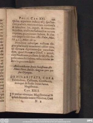 De Hilaritate, Cura Valetudinis, Castitate, Constantiâ, itemque de studio bonae Famae, Magistratus. Cap. XXII.