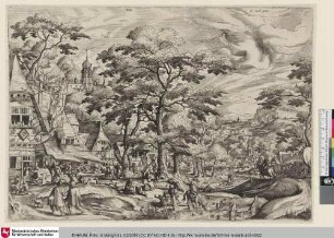 [Dorffest vor einem Gasthaus mit einer Fahne des Hl. Sebastian; Peasant feast before an inn with a banner of St. Sebastian]