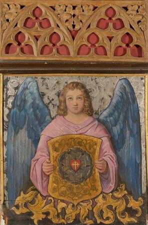 Teil einer Wandvertäfelung mit einen die Lutherrose haltenden Engel (aus dem Reformatorenzimmer der Veste Coburg)