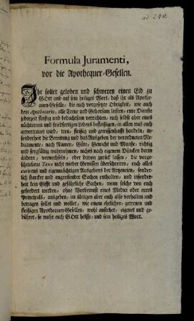 Gedruckte Eidesformel für den Apothekergesellen der Universitätsapotheke.