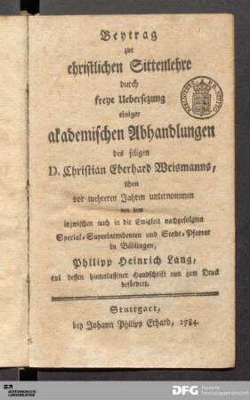 Beytrag zur christlichen Sittenlehre