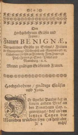 Der hochgebohrnen Gräfin und Frauen / Frauen Benignae, ...