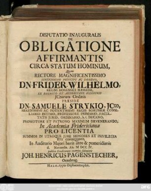 Disputatio Inauguralis De Obligatione Affirmantis Circa Statum Hominum
