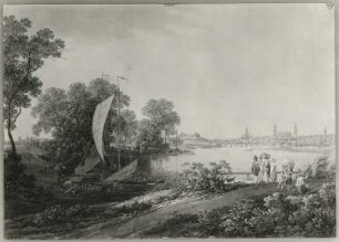 Dresden vom Pieschener Winkel : Dresden vom Pieschener Winkel (von Zingg, Adrian), Radierung, Sepia getönt ; 32 x 46,5 cm, um 1800