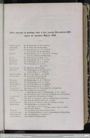 Libri emtores se professi sunt a fine mensis Novembris 1857, usque ad mensem Majum 1859