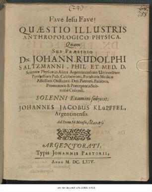 Quaestio Illustris Anthropologico Physica