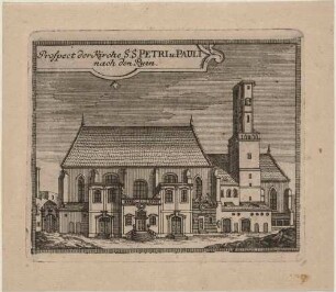 Die zerstörte Klosterkirche (St. Petri und Pauli) in Zittau in der Oberlausitz nach dem Bombardement 1757, aus Montalegres Sechs Stadt Zittau