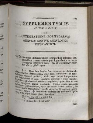 Supplementum IV. Ad Tom. I. Cap. V. De integratione formularum angulos sinusue angulorum implicantium.