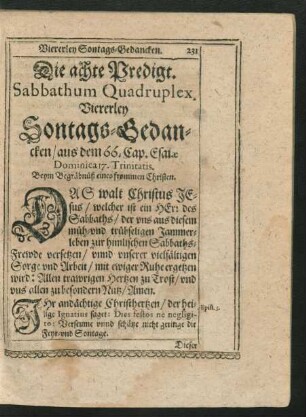 Die achte Predigt. Sabbathum Quadruplex. Viererley Sontags-Gedancken ...