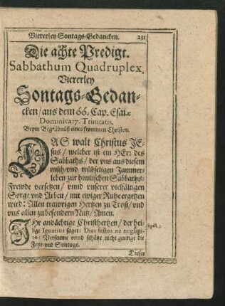 Die achte Predigt. Sabbathum Quadruplex. Viererley Sontags-Gedancken ...