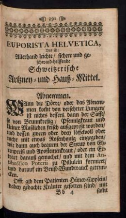Euporista Helvetica, Das ist Allerhand leichte / sichere und geschwind-helffende Schweitzerische Artzney- und Hauß-Mittel
