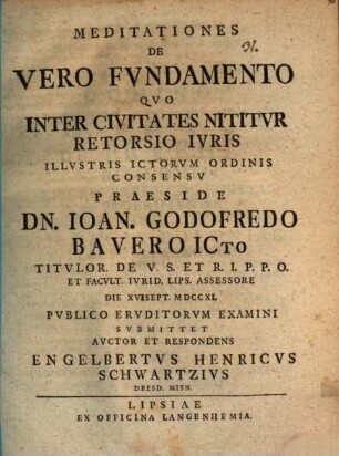 Meditationes De Vero Fvndamento, Qvo Inter Civitates Nititvr Retorsio Ivris