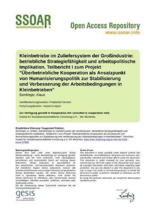 Kleinbetriebe im Zuliefersystem der Großindustrie: betriebliche Strategiefähigkeit und arbeitspolitische Implikation. Teilbericht I zum Projekt "Überbetriebliche Kooperation als Ansatzpunkt von Humanisierungspolitik zur Stabilisierung und Verbesserung der Arbeitsbedingungen in Kleinbetrieben"