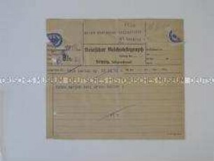 Telegramm von Ernst Toller mit der Mitteilung einer Fahrt in den Harz
