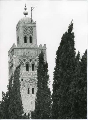 Minarett der Koutoubia-Moschee : Das Minarett der Koutoubia-Moschee in der marokkanischen Stadt Marrakesch.