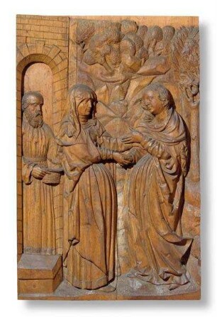 Acht Reliefs eines Retabels aus dem ehemaligen Kloster Mönchröden mit Darstellungen aus dem Marienleben: Die Heimsuchung nach Albrecht Dürer