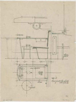 Döllgast, Hans; Möbel und Bühnengestaltung - Klapptisch; Bank (Detail; Ansichten; Schnitt)