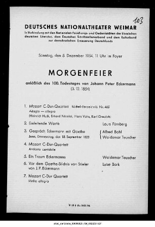 Morgenfeier anläßlich des 100. Todestages von Johann Peter Eckermann (3. 12. 1854)