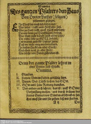 Summa Des gantzen Psalters durchaus Von Doctor Luther (seligen) zusammen gezogen