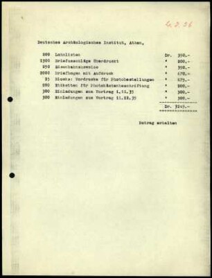 Liste; Ausgaben Bürobedarf/ Drucksachen