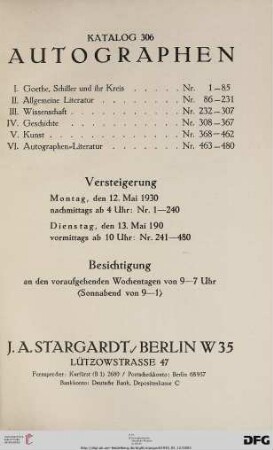 Nr. 306: Katalog / J. A. Stargardt: Autographen : 12. und 13. Mai 1930