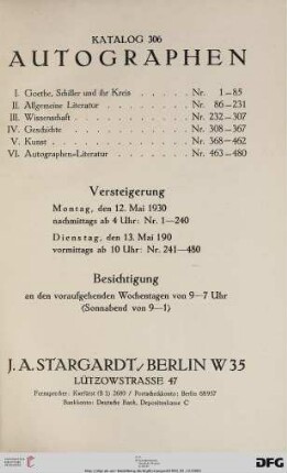 Nr. 306: Katalog / J. A. Stargardt: Autographen : 12. und 13. Mai 1930