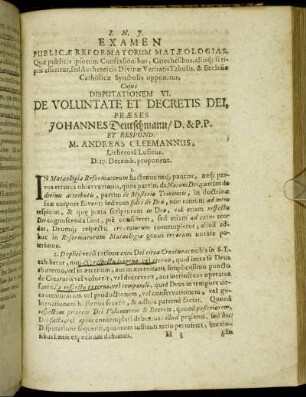 Disputationem VI. De Voluntate Et Decretis Dei
