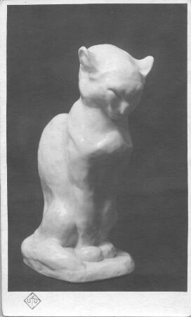 Sitzende Katze : Sitzende Katze. Porzellan, weiß glasiert (vor 1931; E. Richter). Dresden-Südvorstadt, Eisenstuckstraße, Atelier der Bildhauerin