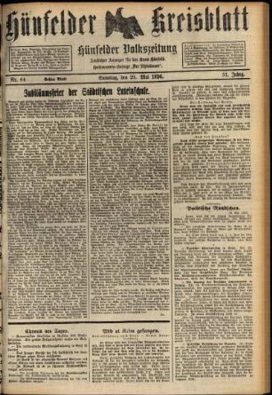 Erste Ausgabe vom Samstag, den 29. Mai 1926.