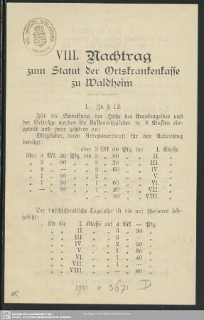 Nachtr. 8/9: Statut der Ortskrankenkasse zu Waldheim