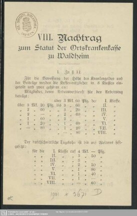 Nachtr. 8/9: Statut der Ortskrankenkasse zu Waldheim