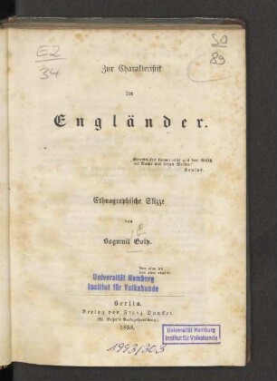 H. 5: Zur Charakteristik der Engländer : eine ethnographische Skizze