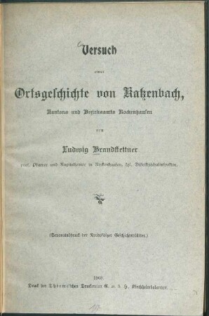 Versuch einer Ortsgeschichte von Katzenbach, Kantons und Bezirksamts Rockenhausen