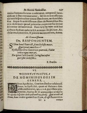 VI. Dissertatiuncula De Nominibus Dei In Genere.