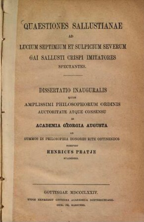 Quaestiones Sallustianae ad Lucium Septimium et Sulpicium Severum Sallusti imitatores spectantes : (Göttinger Diss.)